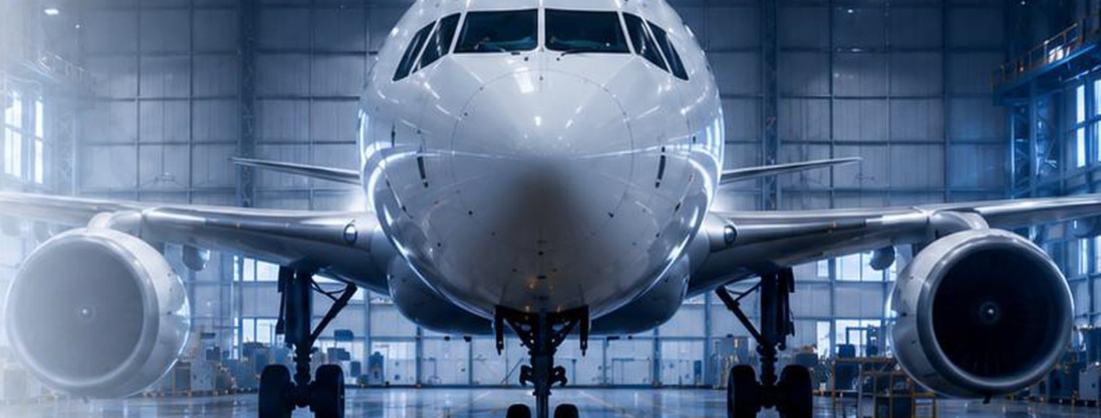 Aircraft nose under hangar lighting during a maintenance check